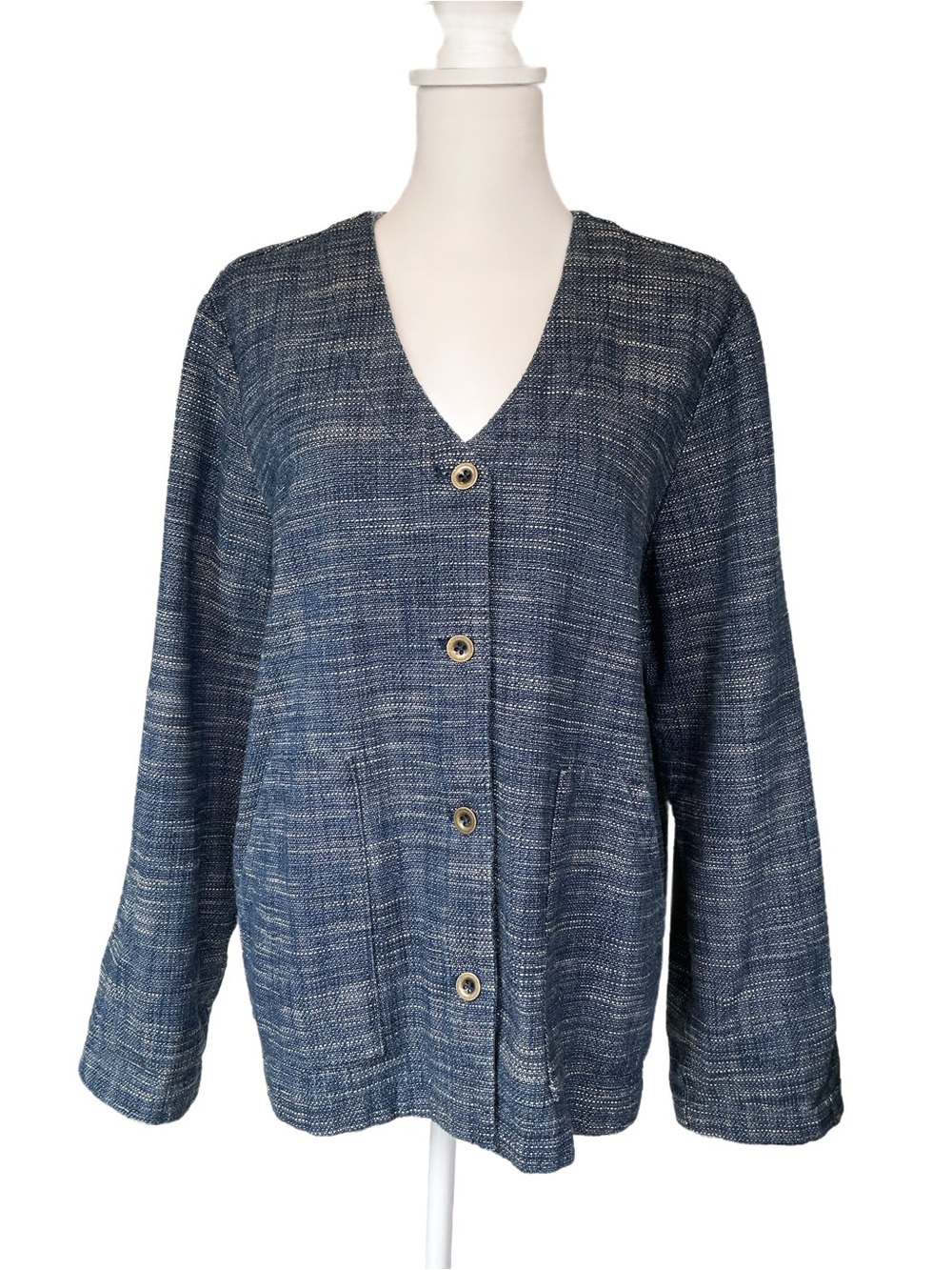 J. Jill Pure Jill Indigo Blue Button-Front Cotton Textured Jacket Blazer - Picture 2 of 9